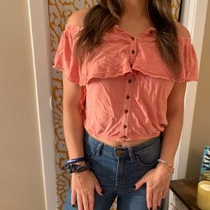 Free people off the shoulder coral shirt. Beautiful details and comfy